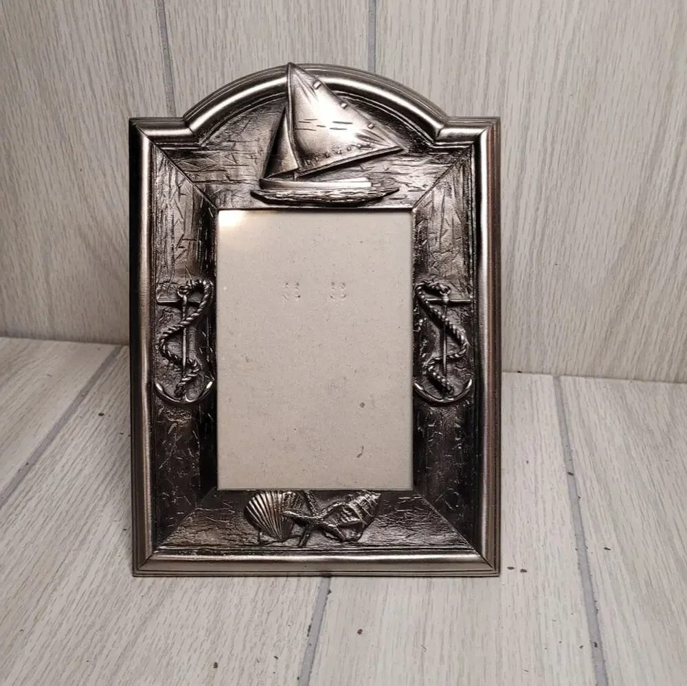 Vtg Nautical Silver Pewter Sailboat Photo Frame Beach 3.5x5 Beach House Vacation